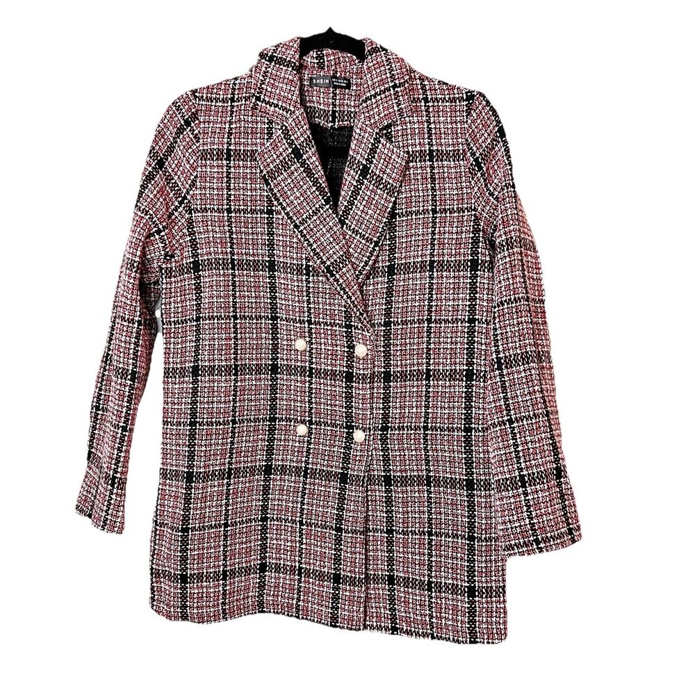 Shein Womens Blazer Skirt Two Piece Set S Double Breasted Red Black Plaid Lined